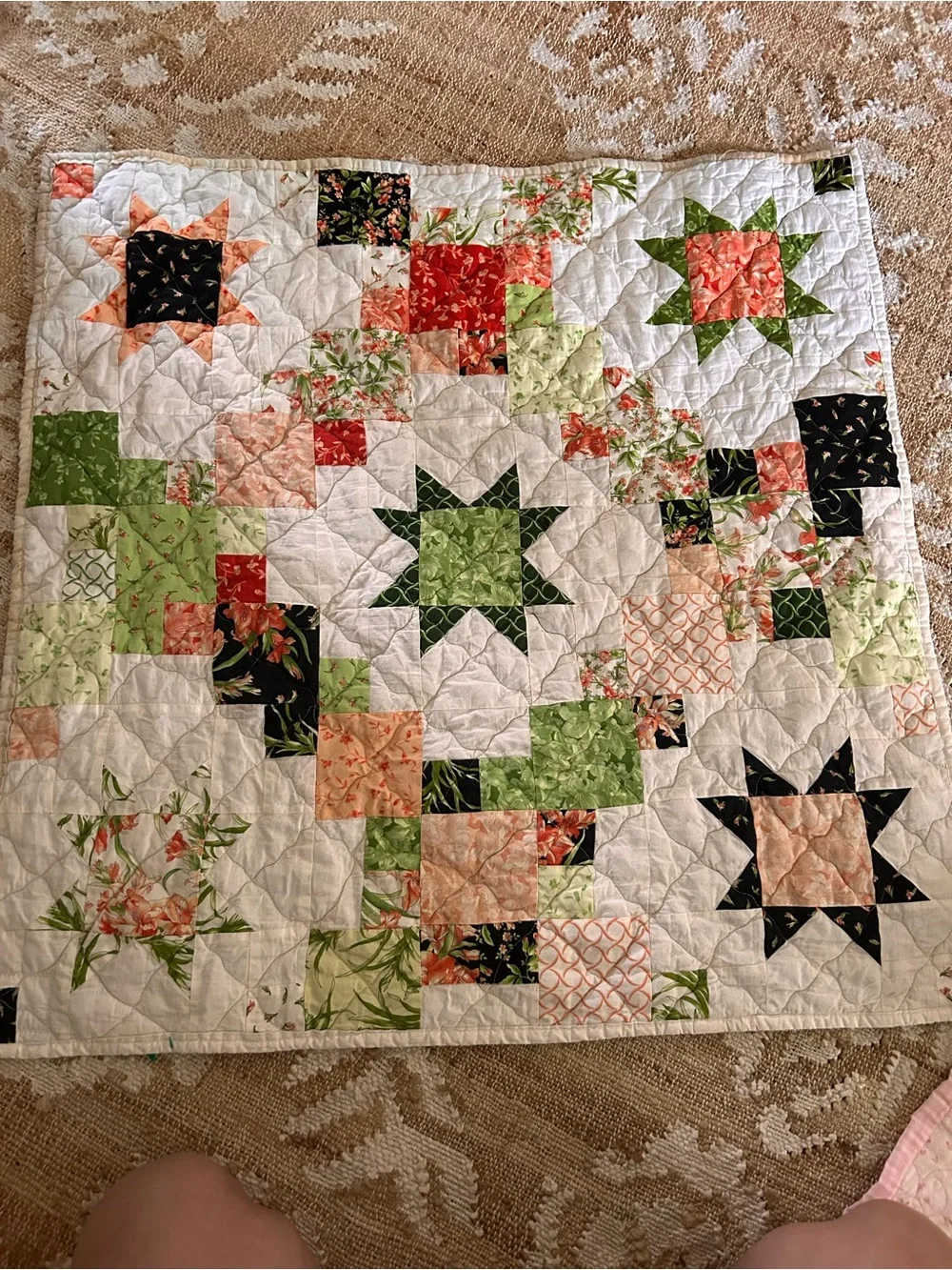Floral Patchwork Star Quilt - Green & Peach